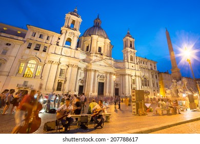 Fountain Of The Four Rivers And SantAgnese In Agone On Navona Square In Rome, Italy, Europe Shot At Dusk.