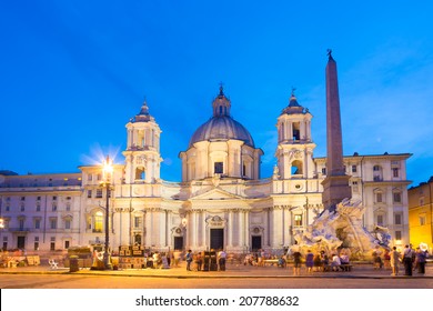 Fountain Of The Four Rivers And SantAgnese In Agone On Navona Square In Rome, Italy, Europe Shot At Dusk.