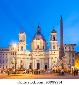 Fountain Of The Four Rivers And SantAgnese In Agone On Navona Square In Rome, Italy, Europe Shot At Dusk.