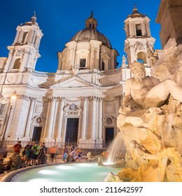 Fountain Of The Four Rivers And SantAgnese In Agone On Navona Square In Rome, Italy, Europe Shot At Dusk.