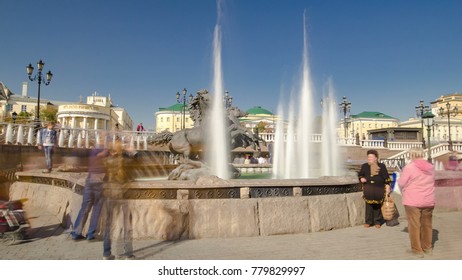 Fountain Four Seasons On Manezh Square In Moscow Timelapse Hyperlapse. Complex Fountains Located Between The Alexander Garden And Manezh Square, Was Established In 1996 4K