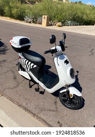 Fountain Hills, Arizona USA- June 4, 2020: A Zebra Electric Scooter Is Delivered To A Neighborhood Resident. These Mopeds Are A New Monthly Subscription Service Offering Alternative Transportation.