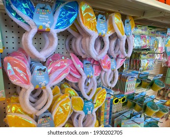 Fountain Hills, Arizona USA- March 5, 2021: Easter Bunny Ear Headbands And Other Small Holiday Items Are Displayed For Sale At The Local Dollar Tree Retail Store.