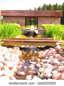 Fountain At International Peace Garden On Sunny Day