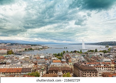 A fountain Jet d Eau rises over the waterfront of Lake Geneva, Geneva, Switzerland