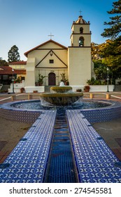 Fountain in Mission Park and San Buenaventura Mission, in Ventura, California.