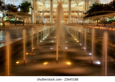 Fountain near Petronas Twins Towers by night, Kuala Lumpur, Malaysia	