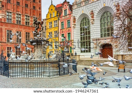 Fountain of the Neptune in old town of Gdansk, Poland