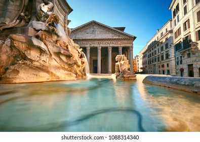 Fountain On Piazza Della Rotonda With Parthenon Behind On A Bright Morning In Rome, Italy