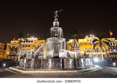 Fountain On The Plaza Mayor In Lima, Peru