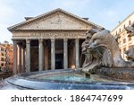 Fountain at the Pantheon, a monument of history and architecture of ancient Rome. Translation of the inscription - "Marcus Agrippa, son of Lucius, elected consul for the third time, built"