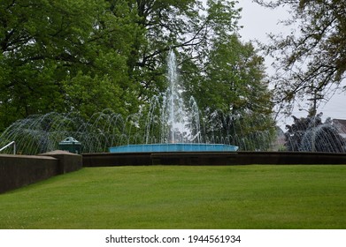 Fountain In Park At Soo Locks At St. Marys River In Sault Ste. Marie, Michigan