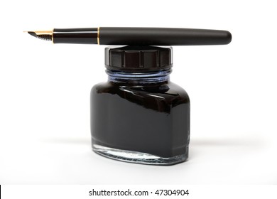 Fountain Pen Lying On The Ink Bottle