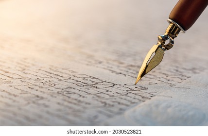 Fountain pen on an antique handwritten letter. Vintage nib pen and handwritten english cursive style font copperplate, spencerian. Old history background. Retro style. - Shutterstock ID 2030523821