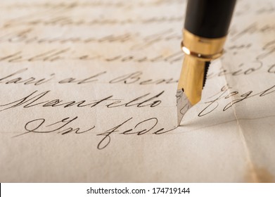 Fountain Pen Writing On An Old Handwritten Letter