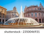 Fountain at the Piazza De Ferrari or Ferrari Square, the main square of Genoa city in Liguria region in Italy