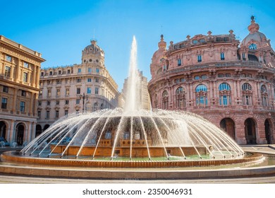 Fountain at the Piazza De Ferrari or Ferrari Square, the main square of Genoa city in Liguria region in Italy