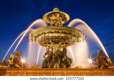 Fountain at the Place de la Concorde in Paris by night, France