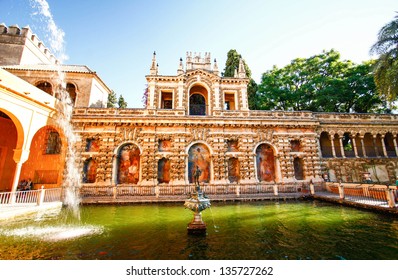 Fountain In Real Alcazar Gardens, Sevilla , Spain