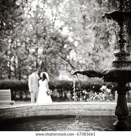 fountain with a spray of water in the foreground, the newlyweds are blurred in the background