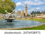 Fountain of St Thomas gardens and Big Ben, London, UK