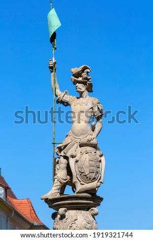 A fountain with a statue of Saint George with lance in hand at Upper Market Square (Obermarkt), Goerlitz, Germany Stock photo © 