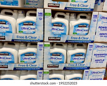 Fountain Valley, CA - USA - March 20, 2021: Kirkland Signature Ultra Clean Free And Clear Laundry Detergent 