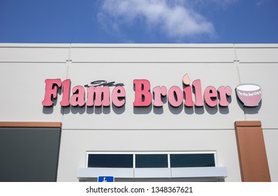 Fountain Valley, California/United States - 03/24/19: A Store Front Sign For The Rice Bowl Restaurant Known As The Flame Broiler