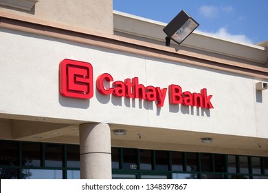 Fountain Valley, California/United States - 03/24/19: A store front sign for the international bank known as Cathay Bank