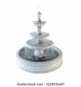 Fountain with water on white background. Classic stone fountain basin isolated on white background. Roman fountain basin isolated on white with clipping path. Vintage courtyard fountain with splashes