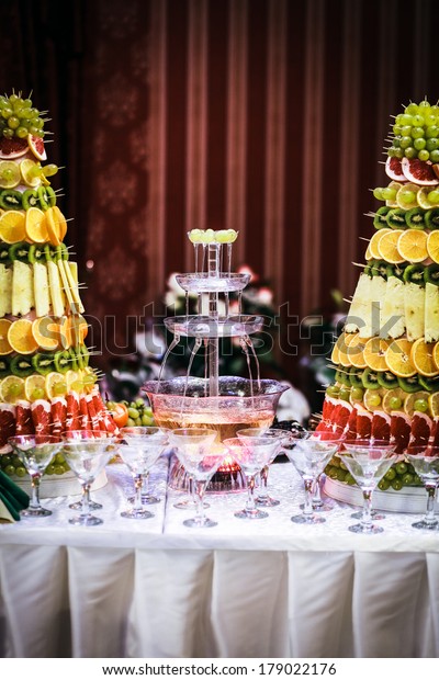 Fountain Wine Luxury Wedding Reception Restaurant Stock Photo