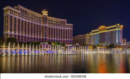 The Fountains of Bellagio are dancing water fountain synchronized with music in front of Bellagio Hotel & Casino Las Vegas.  Taken on 26/08/2016. Minor edits would be acceptable.