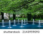 Fountains are featured in one of the side gardens at the Art Institute, Chicago, Illinois