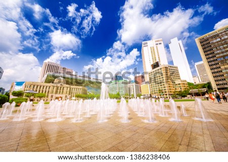 Fountains in front Seoul City Hall in Seoul Plaza,Korea. The building was constructed by the Japanese occupation government in 1926
