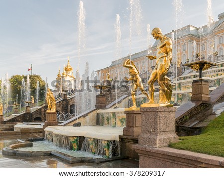 Fountains in Petrodvorets Peterhof, Saint Petersburg, Russia. Grand cascade fountains at Peterhof palace, St.Petersburg, Russia.
