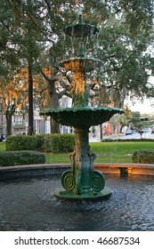 Fountian In A Square In Savannah Georgia's Historic District.