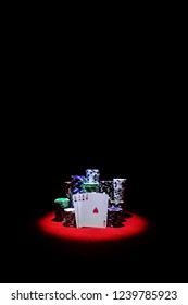 Four Aces with chip stack on red Table VERTICAL
