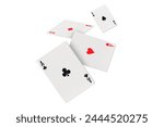 Four aces of diamonds clubs spades and hearts falling playing cards on white background