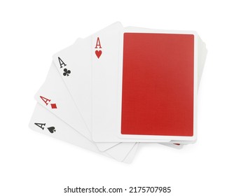 Four aces playing cards and deck on white background, top view