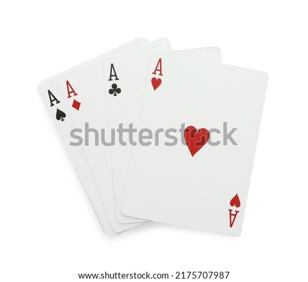 Four aces playing cards on white background, top view