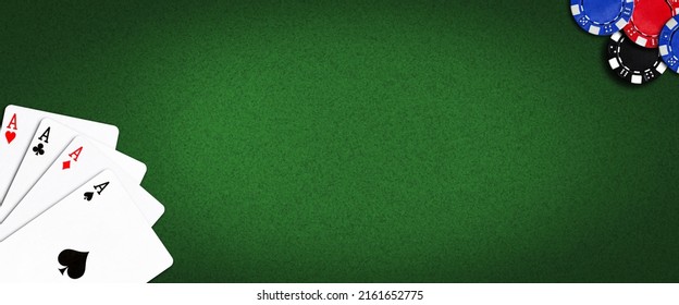 Four Aces, and poker chips on a green poker background.Copy Space. Place for text. Vignette. Gamble banner. Playing cards. Background. - Shutterstock ID 2161652775
