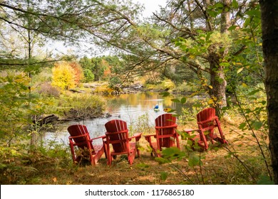 Four adirondack chairs overlooking the river where lone woman canoes off into the distance, autumn colours. mood, concept,