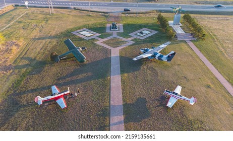 Four Aircraft And A Tank In The Photo From Above, Aerial Photography, Museum Of Military Equipment, Air Park, Tanai Airfield, Zhuravlevo Village, Kemerovo Region, Russia