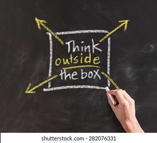 Four arrows getting out of a square towards different directions with the written motivational message to think outside the box, drawn by hand on blackboard with copy space