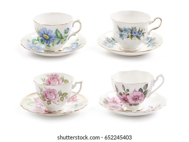 Four beautiful vintage tea cups with saucers isolated on a white background. - Shutterstock ID 652245403