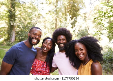 Four Black Adult Friends In The Forest, Head And Shoulders