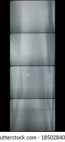 Four Blank 16mm Film Frames With Scratches, Dust Texture And Nice Light Reflection Layer, Empty Motion Picture Film Windows.