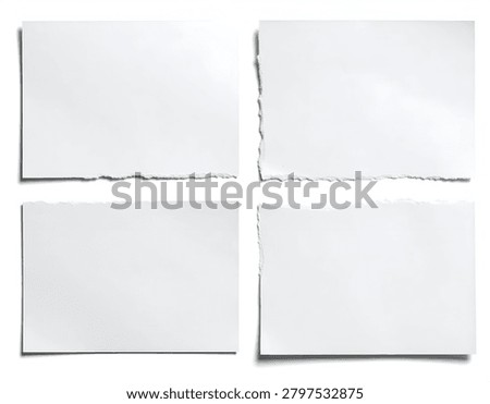 Four blank white rectangular paper pieces, some with torn edges, arranged on a white background