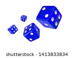 Four blue dice flying randomly in the air on a white background, isolated