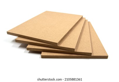 Four Boards Of Raw Mdf Brown, Rectangular In Shape, Of Identical Dimensions, Arranged In A Fan Shape, On A White Background.